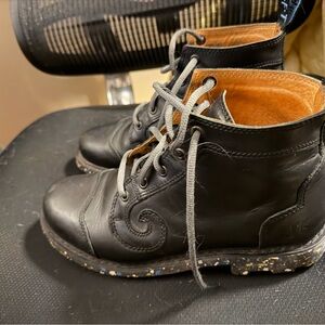 John Fluevog Black Leather Ankle Boots with confetti Sole